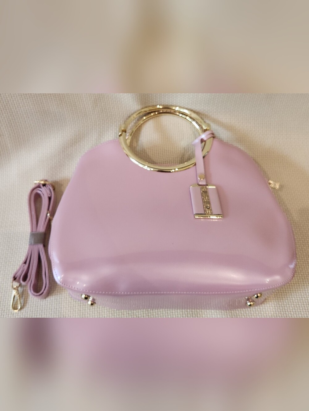Pink Patent Leather Satchel Gold Ring Top Handle Crossbody Bag Structured Purse - Picture 4 of 16